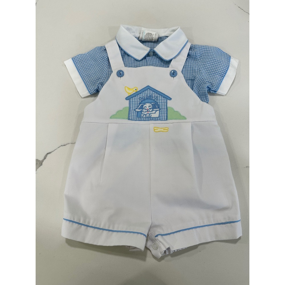 Baby Togs Vintage Puppy‎ Dog Overalls Outfit Romper Blue Gingham Size 6-9M